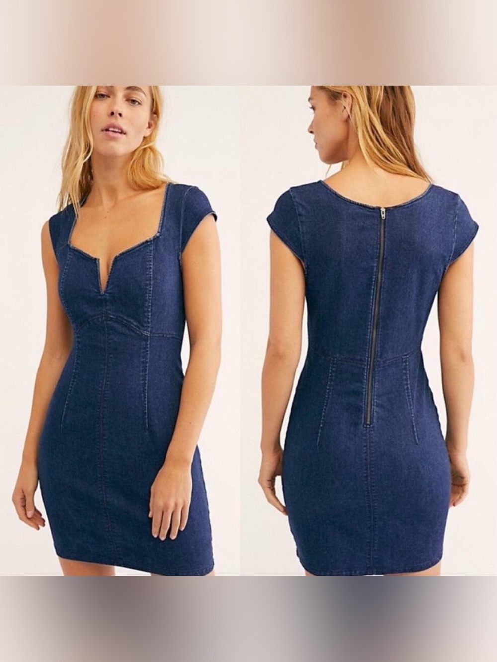 Free People Lia Denim Mini Dress with Cap Sleeves and Sweetheart Neckline